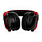Schwarzes Gaming-Headset mit roten Akzenten. Auf den Ohrmuscheln ist ein rotes Logo zu sehen. Detailansicht auf weißem Hintergrund.