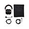 Schwarzes Gaming-Headset mit ZubehÃ¶r, darunter Mikrofon, Kabel und schwarzer Beutel.