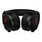 Casque de jeu HyperX noir avec logos rouges, boutons et une lumière verte.