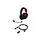 Schwarzes Gaming-Headset mit roten Akzenten, abnehmbarem Mikrofon und Kabeln, auf weißem Hintergrund. Markenlogo.