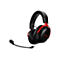 Schwarzes Headset mit rotem Akzent und Mikrofon. Ein rotes HyperX-Logo ist auf den Ohrmuscheln zu sehen.