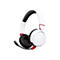 Weiß-rotes Gaming-Headset mit schwarzem Polster und Mikrofon. Auf dem linken Ohrhörer ist das HyperX-Logo zu sehen.