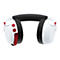 Weiß-rotes Gaming-Headset mit schwarzen Ohrmuscheln. Auf der linken Seite befinden sich rote Knöpfe.