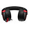 Schwarzes Gaming-Headset mit roter Akzentfarbe. Mikrophonanschluss und rotes Logo auf beiden Ohrmuscheln.