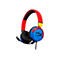 Blau-rot-gelbes Gaming-Headset. Schwarze Ohrmuscheln, roter Bügel mit schwarzen Polstern und Mikrofon.