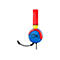 Blaues Headset mit rotem und gelbem Akzent, schwarzem Mikrofon und Kabel. Das HyperX-Logo ist deutlich sichtbar.