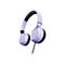Casque audio violet clair avec oreillettes noires et un câble. L'arceau est rembourré. Il y a un logo sur les oreillettes.