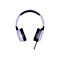 Casque audio lilas clair sur fond blanc, coussinets d'écouteurs noirs et câble noir.