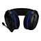 Schwarzes Headset mit blauem Akzent und Mikrofon. Auf den Ohrmuscheln ist ein Logo zu sehen.