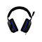 Schwarzes Gaming-Headset mit blauen Akzenten und Mikrofon vor weißem Hintergrund.