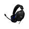 Schwarzes Gaming-Headset, Detailansicht: Ohrmuscheln, Mikrofon. Blaue Akzente und Logo.