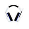WeiÃŸes Gaming-Headset mit schwarzer Polsterung und blauem Akzent, eingebautem Mikrofon. Auf weiÃŸem Hintergrund.