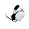 WeiÃŸes Gaming-Headset mit Mikrofon. Blaue und schwarze Details. Graues Logo. Kabel an der Unterseite.