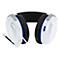 Casque de jeu blanc avec écouteurs bleus et noirs, microphone et boutons de commande. Sur fond blanc.