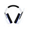 Casque de jeu blanc avec serre-tête et coussinets noirs. Accents bleus.