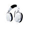 Casque de jeu blanc avec microphone et coussinets d'oreille bleus et noirs, logo HyperX sur le côté gauche.