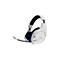 Casque de jeu blanc avec accent bleu, microphone et logo HyperX.
