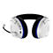 Casque de jeu blanc avec un accent bleu. Un microphone est fixé sur l'écouteur gauche. Le logo HyperX est sur les écouteurs.