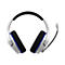 Weißes Gaming-Headset mit schwarzem Bügelpolster und Ohrpolstern. Blaue Akzente. Seitlich ein Mikrofon.