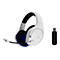 Weißes Headset mit Mikrofon und USB-Dongle. Das Headset hat blaue Akzente und das HyperX-Logo. Auf weißem Hintergrund.