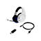 Weißes Gaming-Headset mit Mikrofon, USB-Kabel und Empfänger. Das Headset hat blaue Akzente.