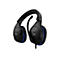 Schwarzes Gaming-Headset mit blauen Akzenten und Mikrofon. HyperX-Logo auf den Ohrmuscheln.
