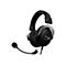 Schwarzes Gaming-Headset mit Mikrofon. Silberfarbene Akzente, HyperX-Logo auf den Ohrmuscheln, Klinkenstecker.