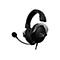 Schwarzes Gaming-Headset mit Mikrofon vor weißem Hintergrund. Das Headset hat silberne Akzente und ein HyperX-Logo.