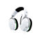 Casque de jeu blanc avec microphone. Couvercle d'écouteur noir, accent vert. Imprimé 'HyperX'.