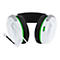 Casque de jeu blanc avec oreillettes noires, accents verts et microphone.