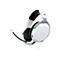 Casque de jeu blanc avec coussinet d'oreille noir, accent vert, microphone et logo.