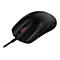 Schwarze Gaming-Maus mit rotem Scrollrad und Kabel. Die Maus trägt den Schriftzug "HyperX".