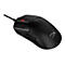 Souris de jeu noire, vue détaillée. La souris a des accents rouges sur la molette et le logo HyperX. Avec un câble tressé.