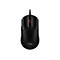 Souris de jeu noire avec molette rouge et câble. Le logo HyperX est affiché en bas.