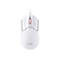 Weisse Gaming-Maus mit rotem Scrollrad, HyperX-Logo, Draht. Auf weissem Hintergrund.