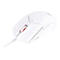 Weisse Gaming-Maus mit rotem Mausrad und HyperX-Logo. Am Kabel erkennbar.