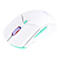 Une souris d'ordinateur blanche avec des touches vert clair. La molette de défilement est violette et rouge.