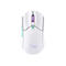 Vue de dessus d'une souris de jeu blanche. La souris a des accents turquoise et violets.