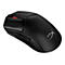 Schwarze Gaming-Maus mit rotem Scrollrad und HyperX-Logo. Auf weißem Hintergrund.