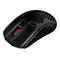 Schwarze Gaming-Maus mit Wabenmuster, rotem Mausrad und "HYPERX"-Logo.