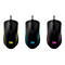 Drei schwarze Gaming-Mäuse mit farbigen Lichteffekten: Gelb, Blau und Pink. Jede Maus hat ein Kabel und das HyperX-Logo.