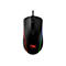 Schwarze Gaming-Maus mit RGB-Beleuchtung und rotem HyperX-Logo. Das Kabel ist oben am Gehäuse befestigt.