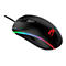 Schwarze Gaming-Maus mit RGB-Beleuchtung und rotem Logo auf weißem Hintergrund.