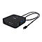 Schwarze Dockingstation mit Anschlüssen wie HDMI, LAN und USB. Ein Kabel mit USB-C-Stecker ist angeschlossen.