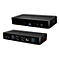 Zwei schwarze Dockingstationen, oben und unten, mit Anschlüssen wie USB, HDMI, DP und LAN.