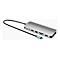 Hub USB-C argenté avec différents ports et un câble noir. Le connecteur est enveloppé en bleu clair.
