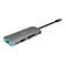 Hub USB-C gris avec des extrÃ©mitÃ©s turquoise et un cÃ¢ble noir reliÃ© Ã  une prise. Logo i-tec.