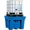 A white IBC container in a metal cage stands on a black pallet and a blue spill containment.