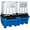 Two white IBC containers with metal frames stand on a blue spill containment. One of the containers has a hazardous goods symbol on it.