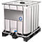 IBC Container, 1000 Liter, UN-Zulassung, Kunststoffdeckel, Stahl-Kreuzverband, Stahltraverse, auf Kunststoffpalette, B 1200 x T 1000 x H 1163 mm